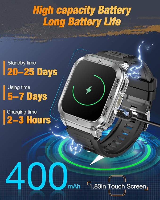 Military Smart Watches for Men - 1.83" GPS Smartwatch with Flashlight, Heart Rate, Sp02, Sleep Monitor, Bluetooth Call, Fitness Tracker for Android Phones & iPhone,Outdoor Sports Watches,Silver