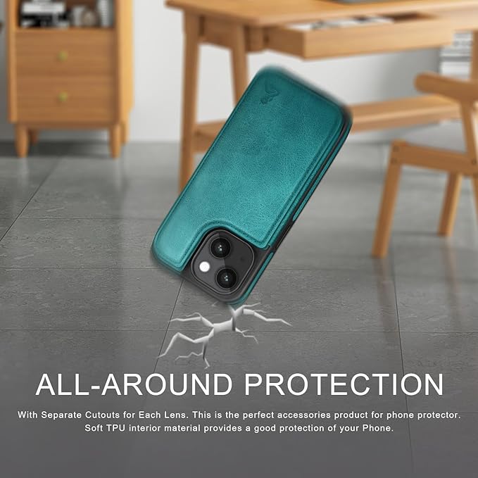 DJDUCK Designed for iPhone 14 Case Wallet with Card Holder, [Magnetic Clasp Cover] [RFID Blocking Leather Protection] Shockproof Women Men Cases 6.1 Inch for Apple 14 Blue Green