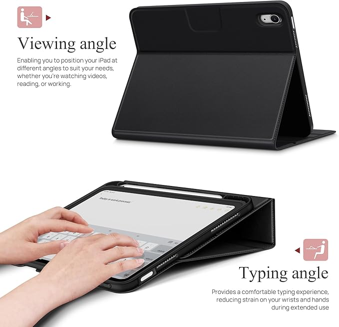 auaua Case for iPad (A16) 11th Generation 11 Inch 2025, iPad 10th Generation 10.9 Inch 2022, with Pencil Holder and Pocket, Typing Angle Muti-Stand Magnetic Closure Auto Sleep/Wake (Black)