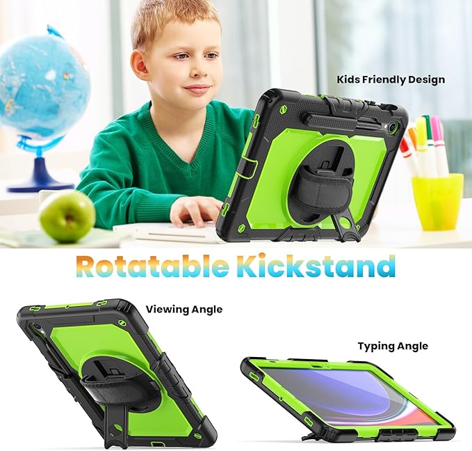 Herize Case Compatible with Samsung Galaxy Tab S10 FE / S9 FE 10.9 inch with Screen Protector Pen Holder | Full-Body Silicone Protective Case W/360 Rotating Hand Strap Shoulder Strap