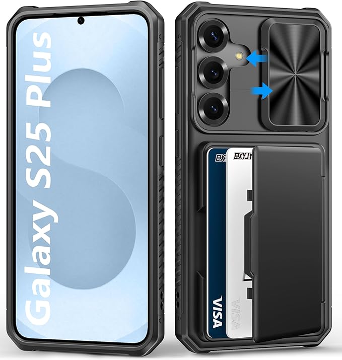 for Samsung Galaxy S25+ Plus Case Wallet, Card Holder (4-5 Cards), RFID Block, Slide Camera Cover & Military Grade Drop Shockproof, Heavy Duty Men Women Phone Case for Samsung S25+ Plus, Black