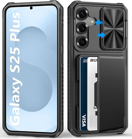 for Samsung Galaxy S25+ Plus Case Wallet, Card Holder (4-5 Cards), RFID Block, Slide Camera Cover & Military Grade Drop Shockproof, Heavy Duty Men Women Phone Case for Samsung S25+ Plus, Black