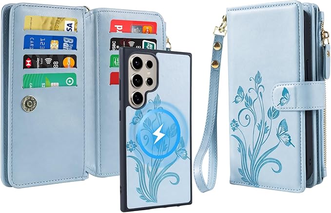 Lacass for Samsung Galaxy S24 Ultra Case Wallet,Compatible with MagSafe 2 in 1 Magnetic Detachable PU Leather RFID Blocking Wallet Cover Card Holder Zipper Wrist Strap Lanyard,Floral Sky Blue