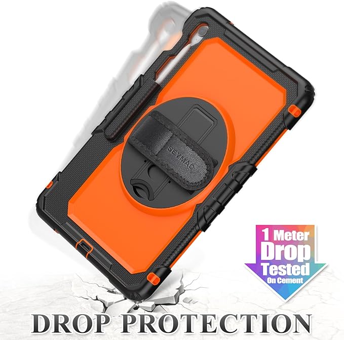 SEYMAC stock Case for Samsung Galaxy Tab S10 FE+ Plus 5G Tablet Case 13.1'' Protective with Screen Protector, Pencil Holder, 360 Rotating Stand, Hand Strap, Shoulder Strap, Orange
