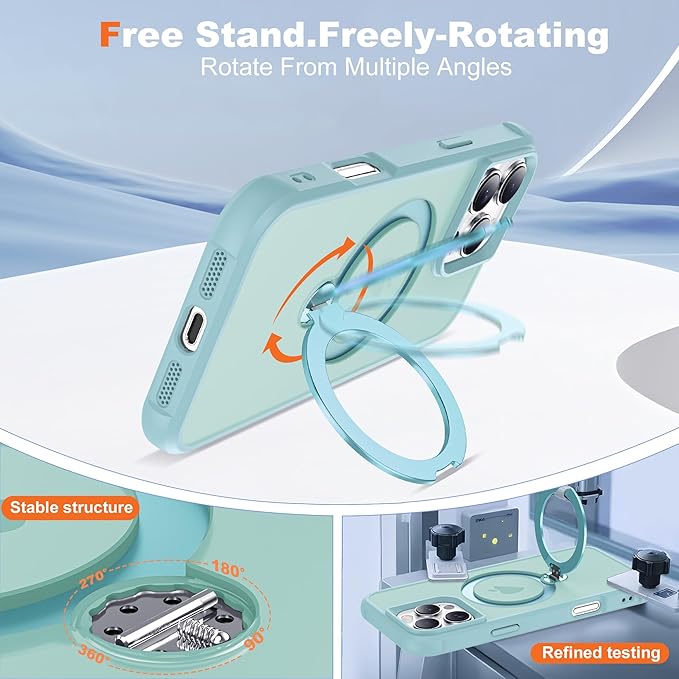 Compatible with iPhone 16 Pro Max Case with Invisible Magnetic 360°Spin Stand,Military-Grade Shockproof Protection [Compatible with Mag-Safe] Non-Slip Edge Translucent Case (6.9",Blue)