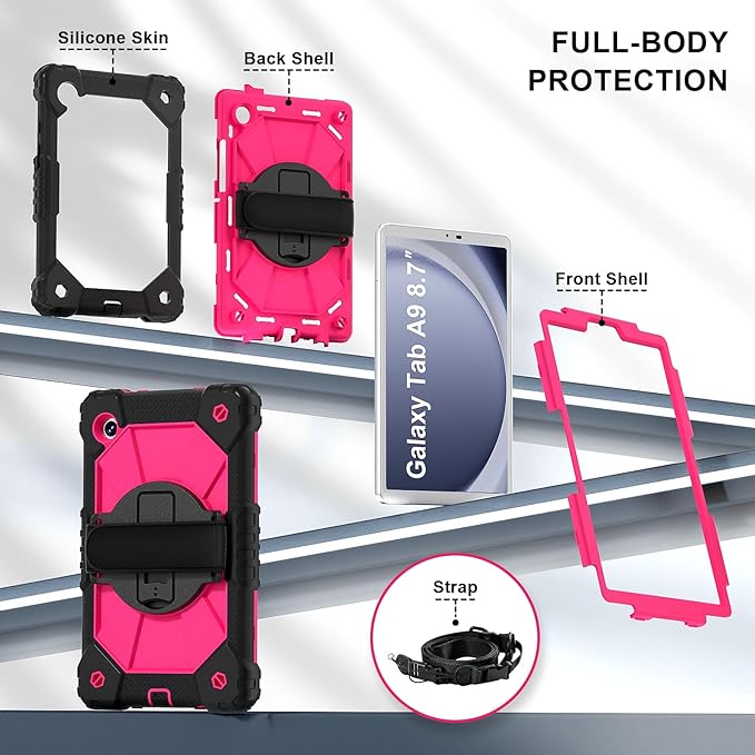 for Samsung Galaxy Tab A9 Case 8.7 inch (SM-X110/X115/X117), Heavy Duty Shockproof Silicone Cover Rugged 360 Stand Hand Shoulder Strap for Galaxy A9 Tablet, Black/Rose Red