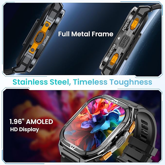Smartwatch for Men GPS Sports Watch, 1.96" AMOLED Display, 5ATM Waterproof Metal Military Smart Watches, Fitness Activity Tracker with Compass Pedometer Sleep/Heart Rate Monitor for Android iOS Black