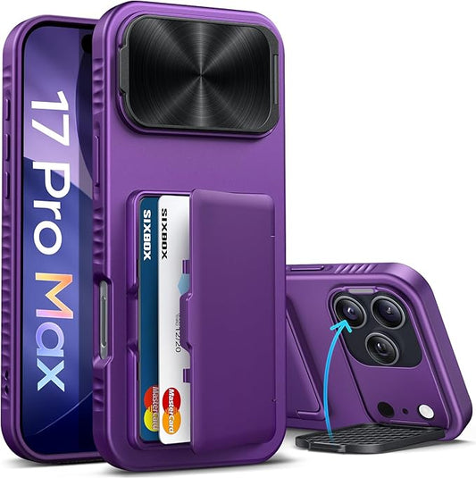 for iPhone 17 Pro Max Case, Built-in Card Holder & Stand & Lens Cover, Military Grade Drop Tested Soft Silicone Edge Rugged Protective Wallet Phone Case for iPhone 17 Pro Max 6.9" 2025, Purple