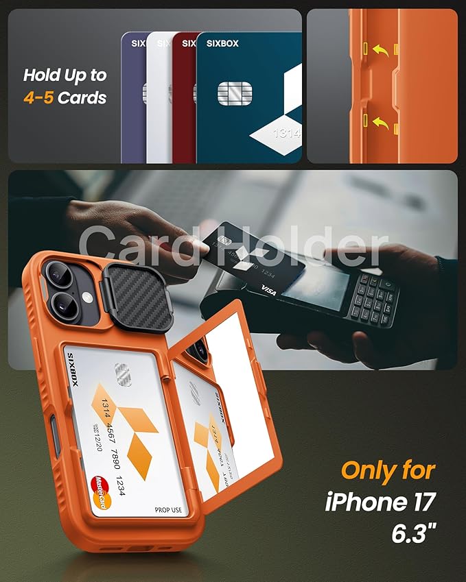 for iPhone 17 Case with Credit Card Holder, Built-in Camera Cover & Stand, Silicone Bumper Raised Edge Multifunctional Full Body Protective Phone Cover Case for iPhone 17 2025, Orange