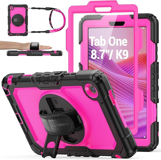 SEYMAC stock Tablet Case for Lenovo Tab One (TB305FU) 8.7 inch Drop-Proof Protection Cover with 360° Rotate Stand & Strap [Pen Holder] & Screen Protector/K9 2025, Rose+Black
