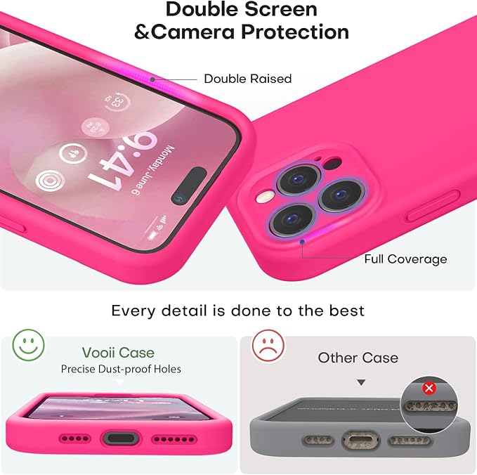 Vooii Compatible with iPhone 15 Pro Max Case, Upgraded Premium Silicone, [Camera Protection] [Soft Anti-Scratch Microfiber Lining] Shockproof Phone Case for iPhone 15 Pro Max 6.7 inch - Hot Pink