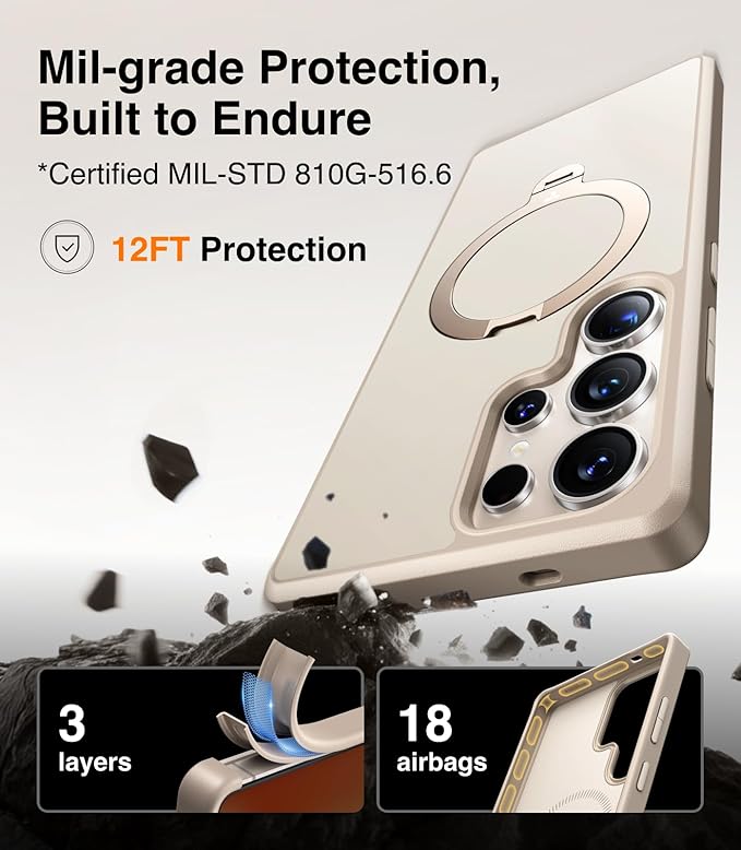 TORRAS 360° Spin Magnetic Stand for Samsung Galaxy S25 Ultra Case Beige Gold, Fit for Magsafe, Military Grade Slim Protective S25 Ultra Case with Kickstand Rotatable, Ostand Spin, Aesthetic Dune