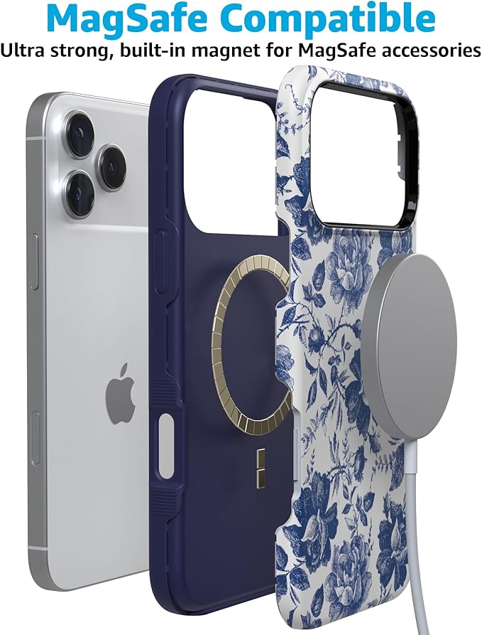Casely iPhone 17 Pro Case | Rose to Fame | Blue & White Rose Floral | Compatible with MagSafe | Bold Protective Design