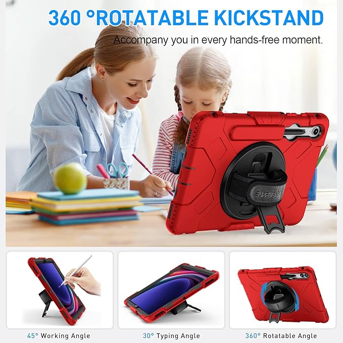 SUPFIVES Case for Samsung Galaxy Tab S10 Plus 12.4 Inch 2024: Tab S9 Plus 12.4 Case with Screen Protecor/S-Pen Holder/Handle/Rotating Kickstand/Shoulder Strap- Red