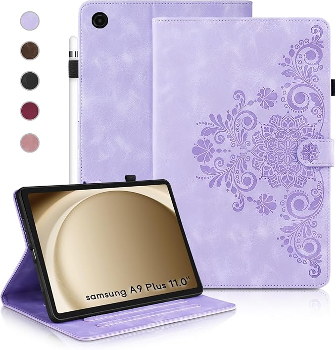 Case for Galaxy Tab A9+ Case 11 Inch, Retro Samsung Galaxy Tab A9 Plus Cover SM-X210/215 with Carved Flap, Magnetic Buckles Design, Stand Function Purple