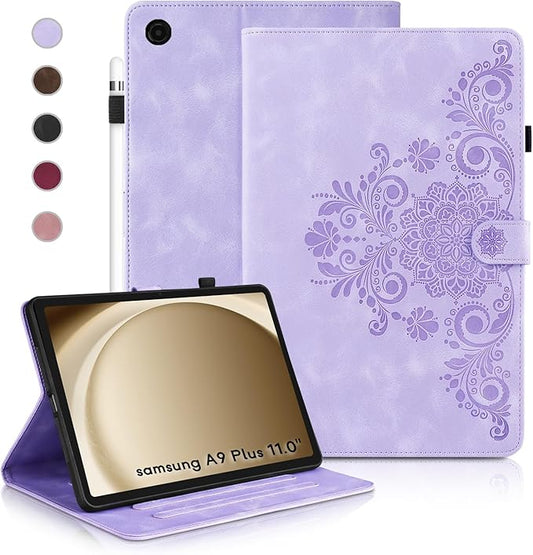 Case for Galaxy Tab A9+ Case 11 Inch, Retro Samsung Galaxy Tab A9 Plus Cover SM-X210/215 with Carved Flap, Magnetic Buckles Design, Stand Function Purple