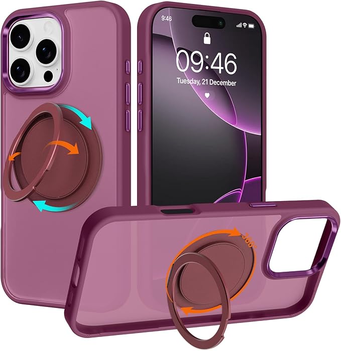 ZIYE Wine Red Case for iPhone 16 Pro Case with Stand [Compatible with MagSafe] Slim Heavy Duty Protection Military Grade Shockproof Magnetic Cover with 360 Rotatable Ring Kickstand for Women Men