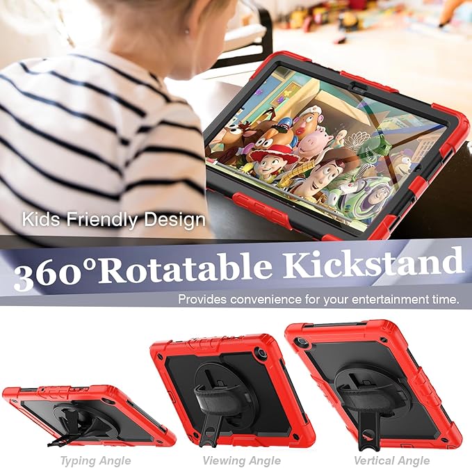 BLOSOMEET Case for Samsung Galaxy Tab A9 Plus with Tempered Glass Screen Protector Shoulder Strap Pencil Holder,Red