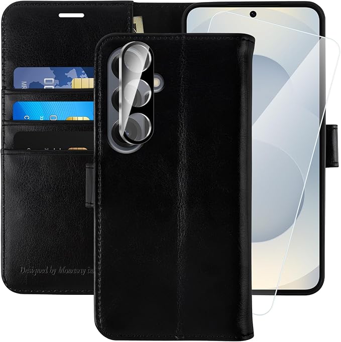 MONASAY Wallet Case Fit for Samsung Galaxy S25 5G, [Lens & Glass Screen Protector Included] [RFID Blocking] Flip Folio Leather Cell Phone Cover with Credit Card Holder, 6.2 inch, Black