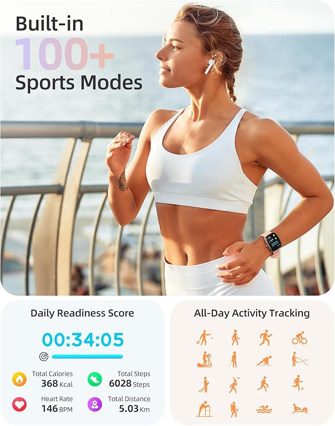 Parsonver Smart Watch for iOS and Android Phones(Answer/Make Calls), HD Screen Watches for Women, IP68 Waterproof Fitness Tracker Watch with Heart Rate Sleep Monitor, Steps Calories Counter, Rose Gold