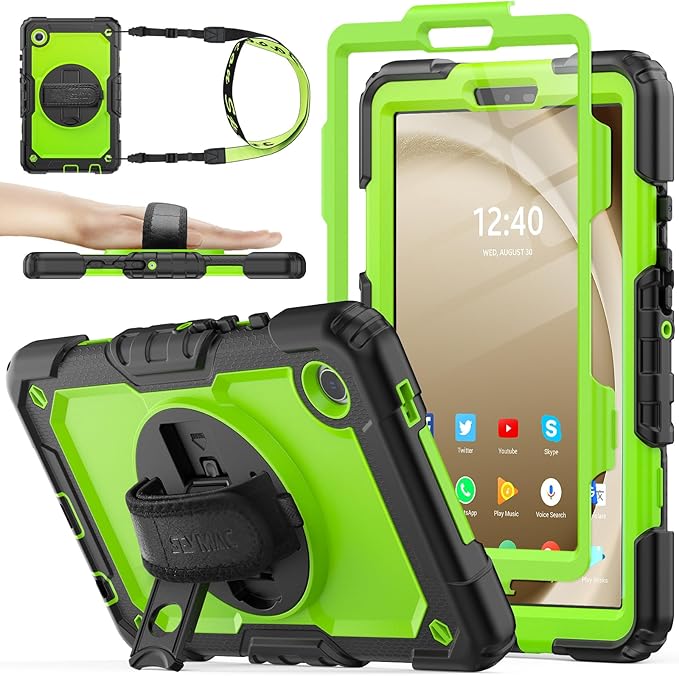 SEYMAC stock Case for Samsung Galaxy Tab A9 8.7'', Full-Body Drop Protection Case with Screen Protector Pencil Holder [360° Rotating Hand Strap] &Stand, Green+Black