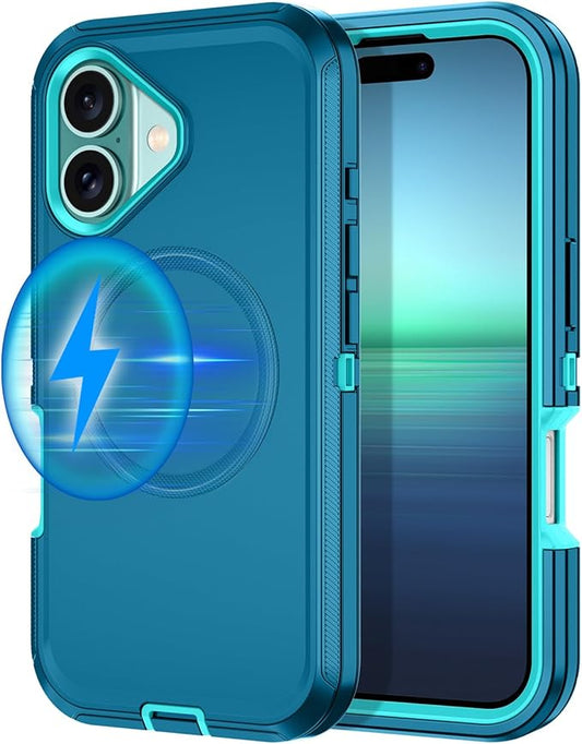 for iPhone 16 Case [Compatible with MagSafe] Shockproof 3-Layer Full Body Protection [Without Screen Protector] Rugged Heavy Duty Cover Case for Apple iPhone 16 6.1",Turquoise