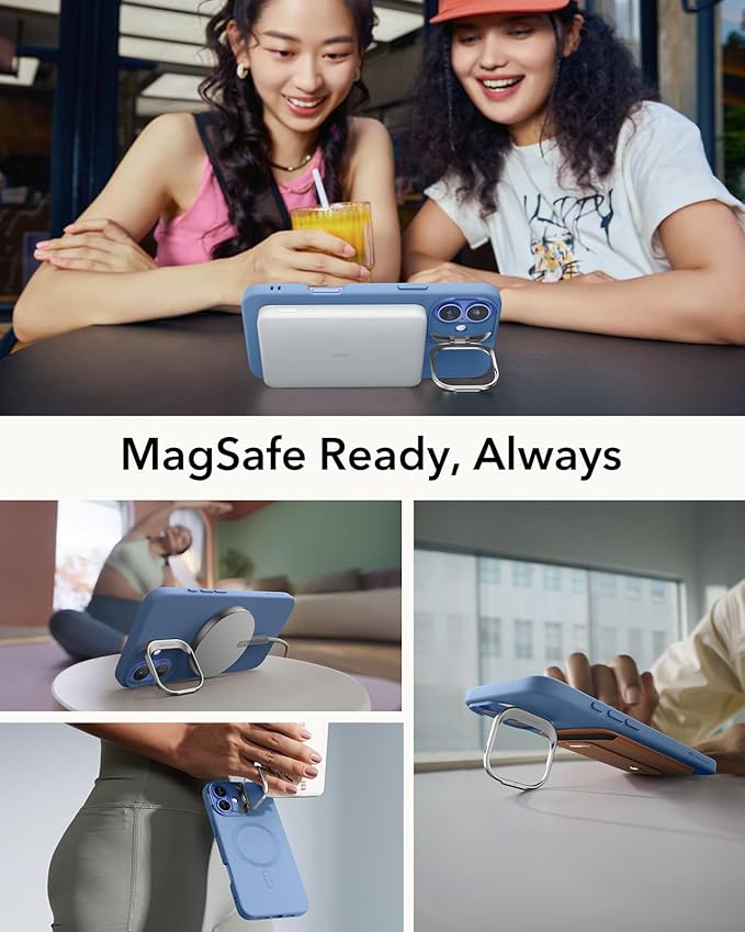 ESR for iPhone 16 Plus Case, Silicone Case with Stand, Compatible with MagSafe, Built-in Camera Stash Stand, Magnetic Phone Case, Cloud Series, Light Blue