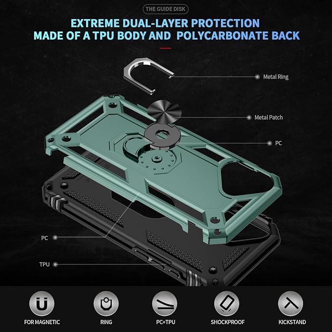 ADDIT Compatible with iPhone 17 Case with Tempered Glass Screen Protector, Adjustable Kickstand Ring, Military-Grade Heavy Duty Protection, Shockproof, Anti-Fingerprint,Teal