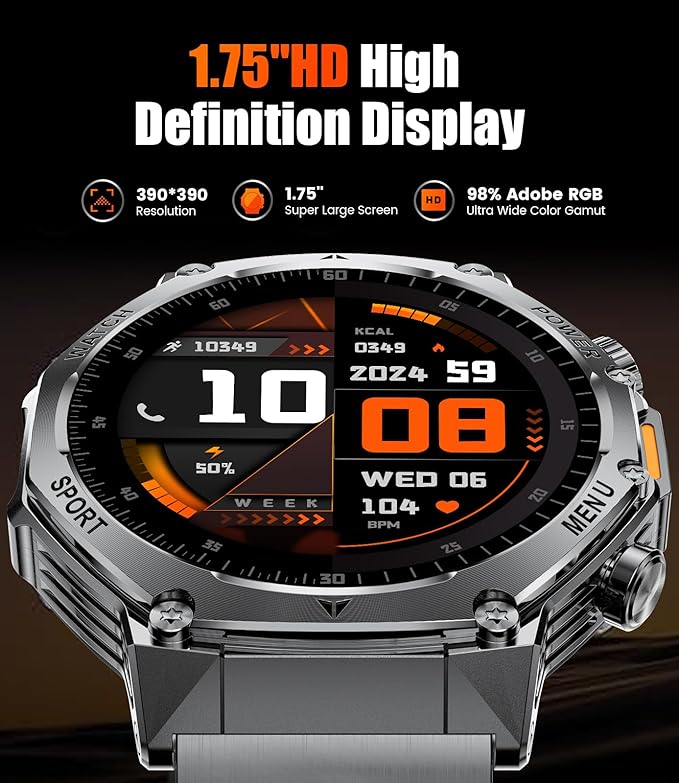 SUNKTA EF15 Military Smart Watch for Men - LED Flashlight, 1.75" HD Fitness Tracker Watch, 800mAh Long Battery Mens Smart Watches, 110+ Sport Mode/Pedometer/IP68 Waterproof Smartwatch for Android iOS