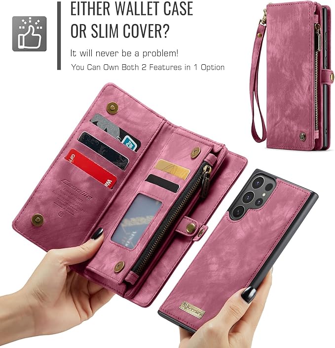 SZHAIYU 2 in 1 Detachable for Samsung Galaxy S25 Ultra Wallet Case with Card Holder, Retro Premium Flip Leather Cover Magnetic Zipper Pocket Phone Cases 6.8'' (Red, S25 Ultra)