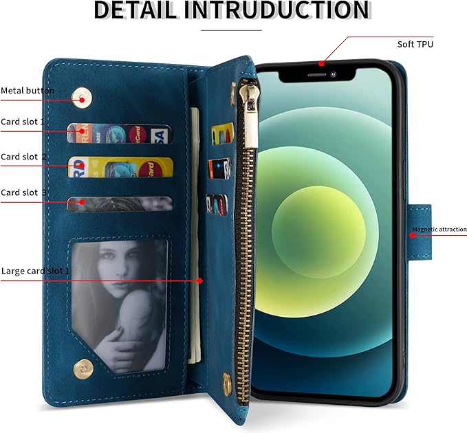 ZZXX for iPhone 12 Mini Wallet Case with Card Slot Premium Soft PU Leather Zipper Flip Folio Wallet with Wrist Strap Kickstand Protective for iPhone 12 Mini Case Wallet(Blue 5.4 inch)