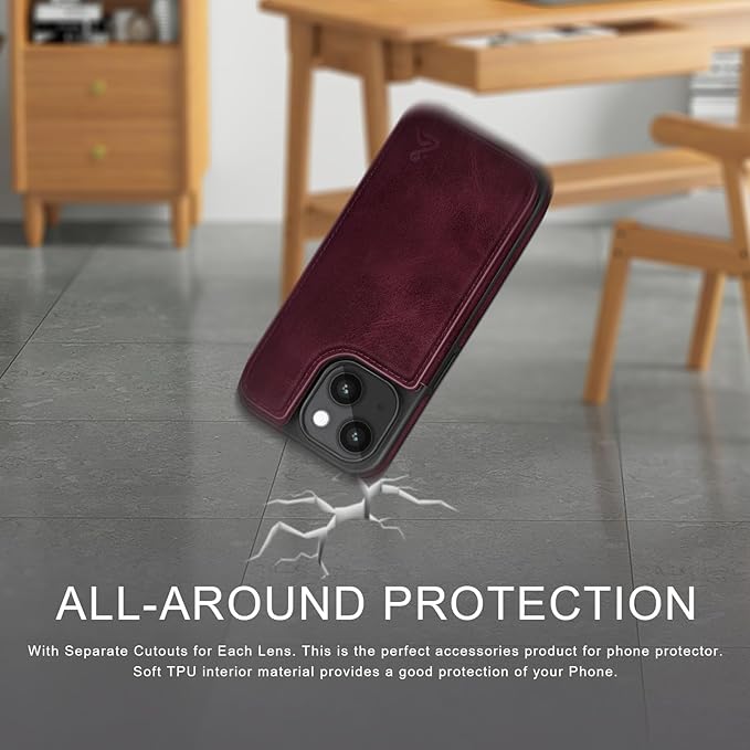 DJDUCK Designed for iPhone 14 Case Wallet with Card Holder, [Magnetic Clasp Cover] [RFID Blocking Leather Protection] Shockproof Women Men Cases 6.1 Inch for Apple 14 Wine Red