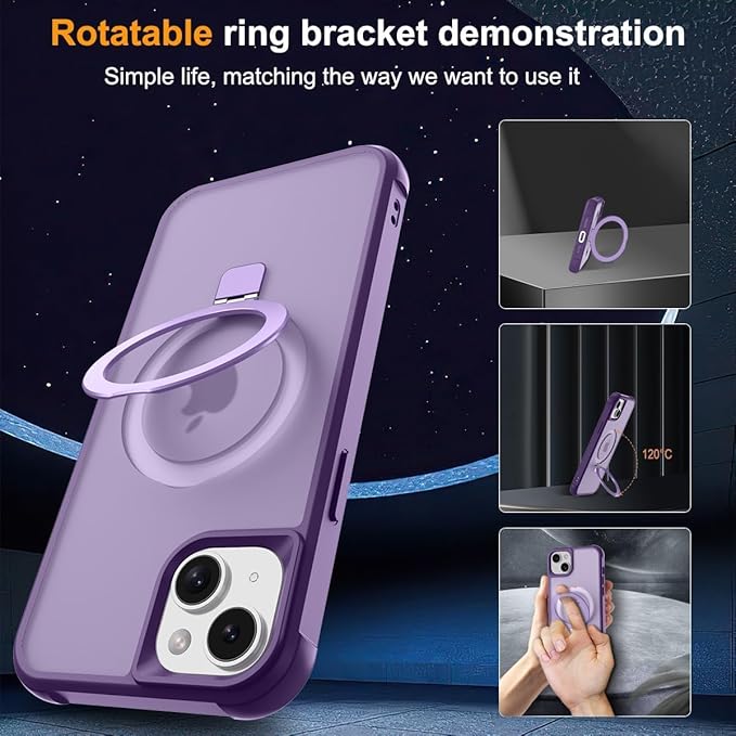 Magnetic Compatible with iPhone 14 Plus Case with Stand [Military Grade Drop Tested][Compatible with Magnet] Ring Translucent Slim Hard Back Soft Edge, Purple