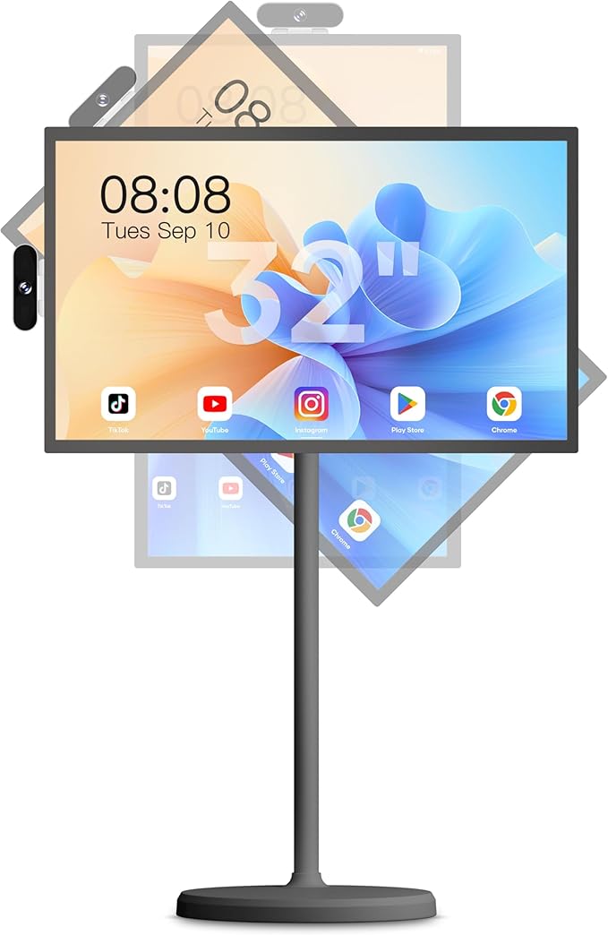 32 Inch Mobile Portable TV Stand on Wheels Support Google Store Full Swivel Rotation Portable Touch Screen Monitor Built-in Battery Smart Rolling Tablet TV 4K Camera Remote Control Black