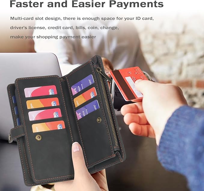 TwoHead for Samsung Galaxy S24 Ultra Wallet Case with Card Holder, Detachable Magnetic Phone Case for S24 Ultra,PU Leather All-Round Protective Phone Case Wallet with Wrist Strap,Black