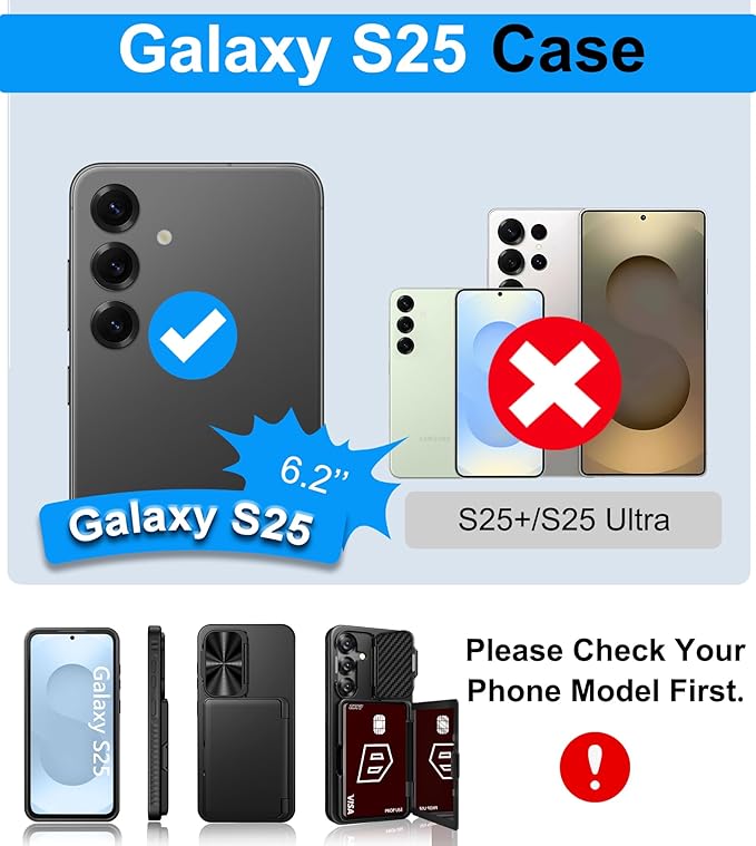 for Samsung Galaxy S25 Wallet Case with Camera Cover Stand, Built-in Card Holder (4-5 Cards), Military Grade Drop Proof, Heavy Duty Hard Women Men Phone Cases for Samsung S25 6.2", Black