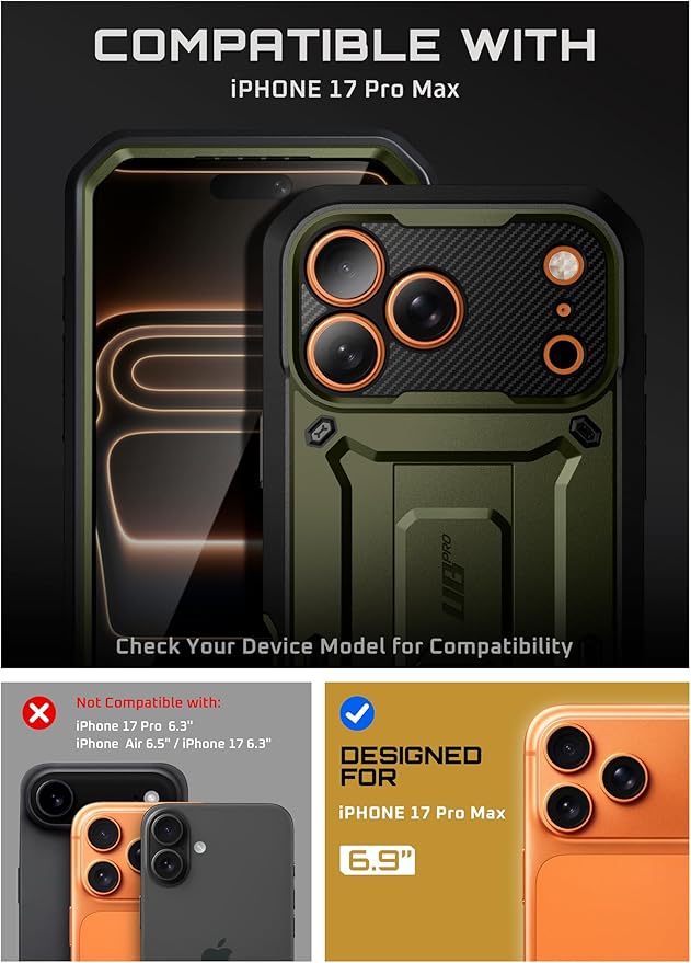 SUPCASE for iPhone 17 Pro Max Case with Camera Control Button (Unicorn Beetle Pro), [Built-in Kickstand & Screen Protector] [Military-Grade Protection] Full Body Heavy Duty Phone Case, Guldan