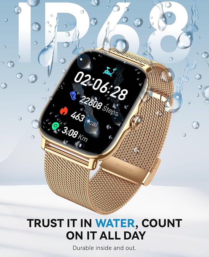 Smart Watches for Women Men,Fitness Watch (Answer/Make Calls),Fitness Tracker with 120+ Sport Modes/Step Counter/Sleep Monitor/Pedometer,IP68 Waterproof, Smartwatch for Android/iPhone, Gold