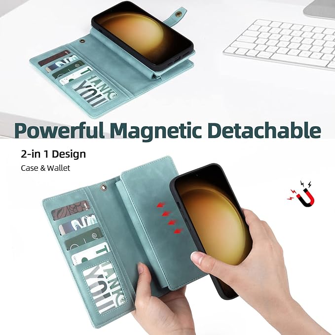 TwoHead for Samsung Galaxy S23 Wallet Case with Card Holder & Detachable Magnetic Phone Case for S23 6.1 inch,PU Leather Shockproof Protective Phone Case Wallet with Wrist Strap(Dream Blue)