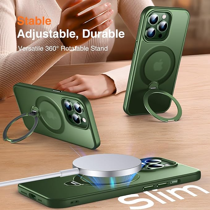 360° O-Ring MagStander for iPhone 13 Pro Case with Magnetic Kickstand Ring Holder [Compatible with MagSafe][360°Rotate Stand Ring][Military Shockproof] iPhone 13 Pro Phone Cover Matte Green