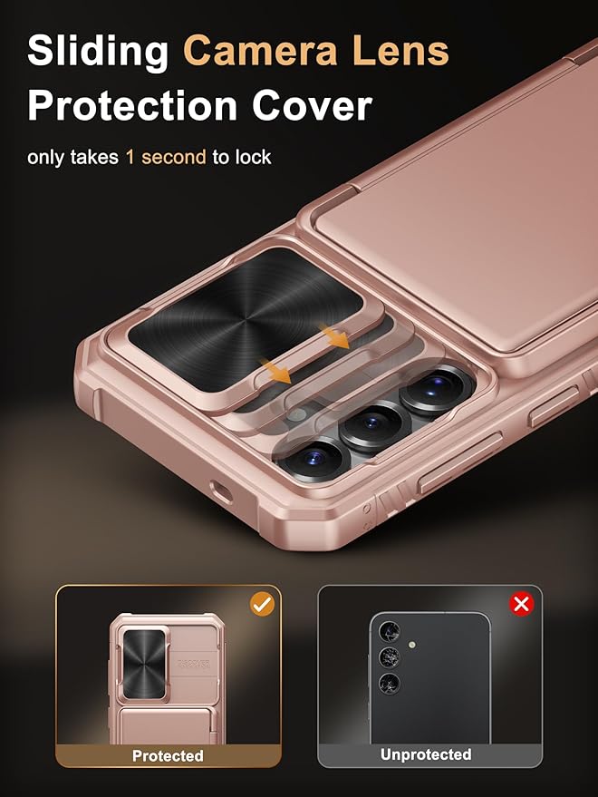 Vihibii for Samsung Galaxy S25 Case with Card Holder (4 Cards), [RFID Blocking] & Slide Camera Cover, Military Grade Drop Protection, Rugged Wallet Case for Samsung Galaxy S25 6.2" 5g 2025, Rose Gold