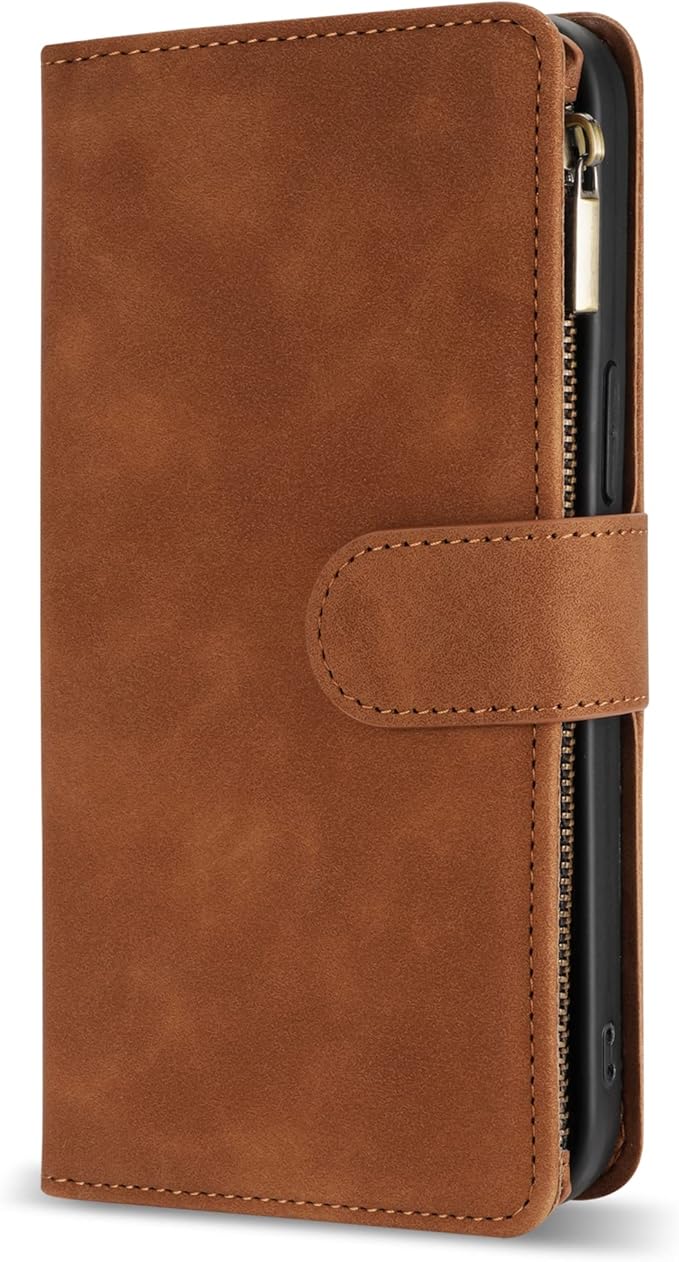 ZZXX for iPhone 12 Pro Max Wallet Case with Card Slot Premium Soft PU Leather Zipper Flip Folio Wallet with Wrist Strap Kickstand Protective for iPhone 12 Pro Max Case Wallet(Brown 6.7 inch)