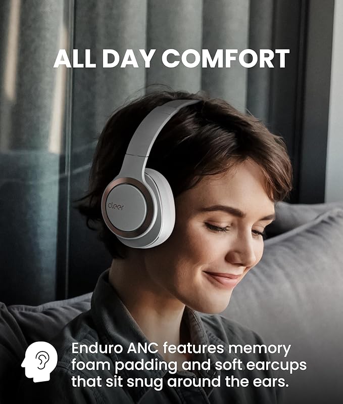 Cleer Audio Enduro ANC Noise Canceling Headphones, Bluetooth Multipoint Connection, Over-The-Ear Design with Mic, Crystal Clear Hands-Free Calling, up to 60 Hours of Battery Life - Light Grey