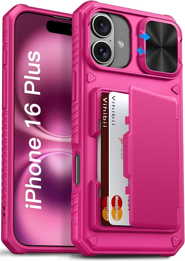 Vihibii for iPhone 16 Plus Case Wallet with Card Holder (4 Cards) [RFID Blocking] & Slide Camera Cover & Raised Edges Protect Screen, Shockproof Rugged Phone Case for iPhone 16 Plus 6.7", Pink