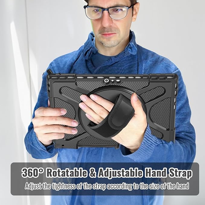 DreamerX for Microsoft Surface Pro 7+ Plus/7/6/5/4 Case 12.3" Case, Kids-Friendly Shockproof Rugged Business Cover Rotating Stand Hand Strap Pencil Holder, Compatible with Type Cover Keyboard, Black