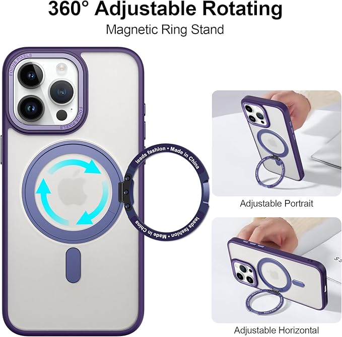 ZIYE Magnetic Case for iPhone 15 Pro Max Case with Stand [Compatible with MagSafe] Slim Shockproof Military Grade Heavy Duty Cover with 360 Rotatable Ring Kickstand for Women Men, Translucent Purple