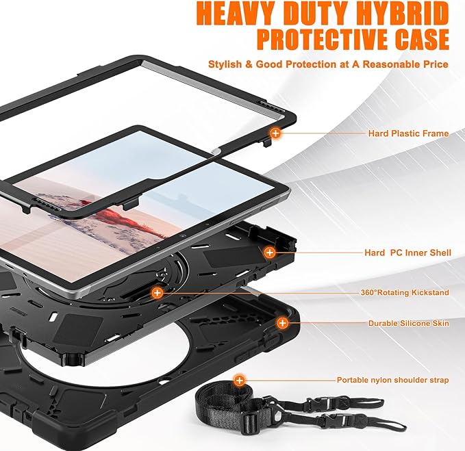 ZenRich Rugged Case for Surface Go 4 (2023)/Surface Go 3 (2021)/ Surface Go 2 (2020), Surface Go (2018) with Pen Holder Heavy Duty Shockproof Case with 360° Rotating Kickstand, Hand & Shoulder Strap