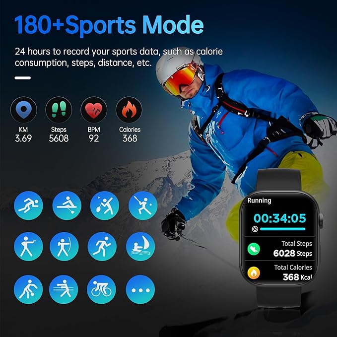 Smart Watch for Men Women, 2.01" HD Touchsreen, Bluetooth Calling, IP68 Water-Resistance, 180+ Sports Modes, Health, Fitness & Sleep Tracker, Timer, Fitness Watch for Android/iOS, Black