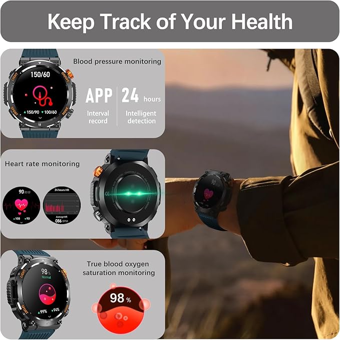 Military Smart Watch for Men with LED Flashlight Compass, Activity Tracker with 110+ Sports Mode Heart Rate Blood Pressure SpO2 Sleep Monitor, 1.46" HD Rugged Bluetooth Smartwatch for Android iOS