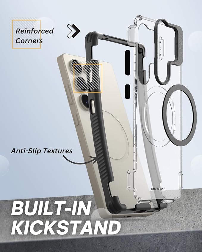 CaseBorne Compatible with Galaxy S25 Ultra Case - [Military Grade 12 Feet Drop Protection] [Compatible with Qi2 ][ Hybrid Magnetic Cover] with Kickstand